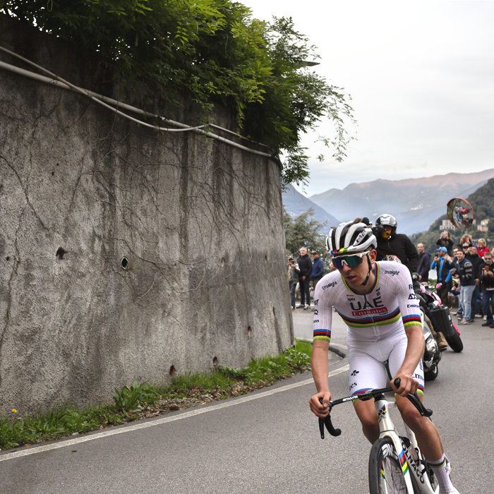 Il Lombardia - Tadej Pogačar climbs towards San Fermo della Battaglia above Lake Como