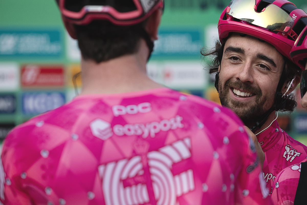 Il Lombardia 2025 - Ben Healy of EF Education - EasyPost smiles as he talks to a teammate before the team presentation