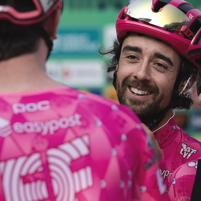 Il Lombardia 2025 - Ben Healy of EF Education - EasyPost smiles as he talks to a teammate before the team presentation