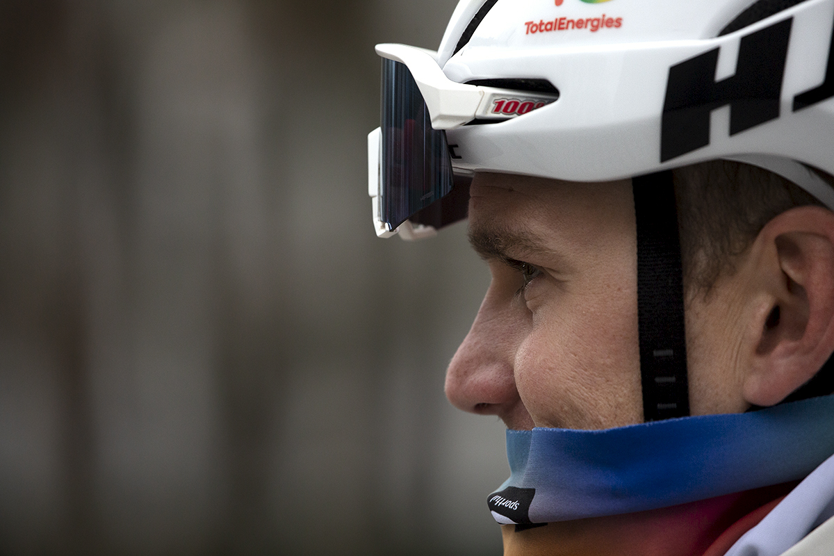 Kuurne Brussel Kuurne 2024 - A portrait of Dries Van Gestel of TotalEnergies with a snood pulled up over his mouth