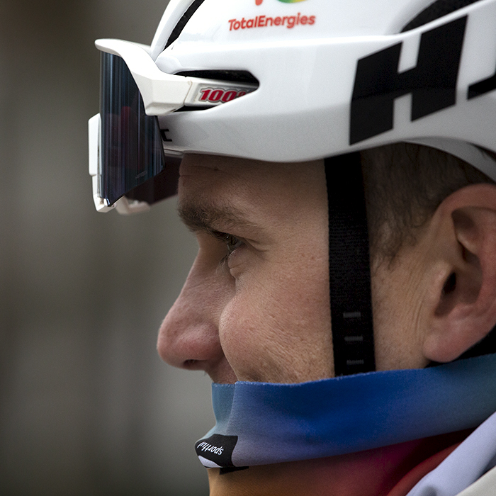 Kuurne Brussel Kuurne 2024 - A portrait of Dries Van Gestel of TotalEnergies with a snood pulled up over his mouth