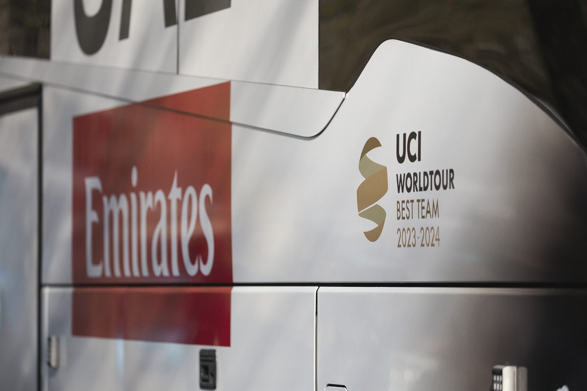 Kuurne Brussel Kuurne 2025 - The UAE Team Emirates bus as it arrives in Kortrijk