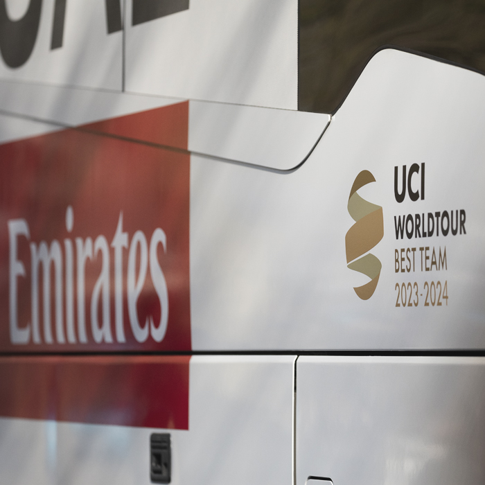 Kuurne Brussel Kuurne 2025 - The UAE Team Emirates bus as it arrives in Kortrijk