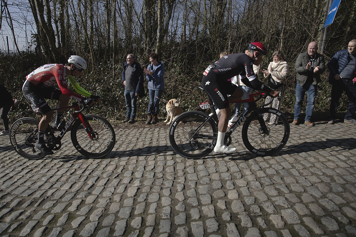 Kuurne Brussel Kuurne 2025 - Huub Artz  of Intermarché - Wanty & Marius Mayrhofer of Tudor Pro Cycling Team tackle the climb as fans applaud