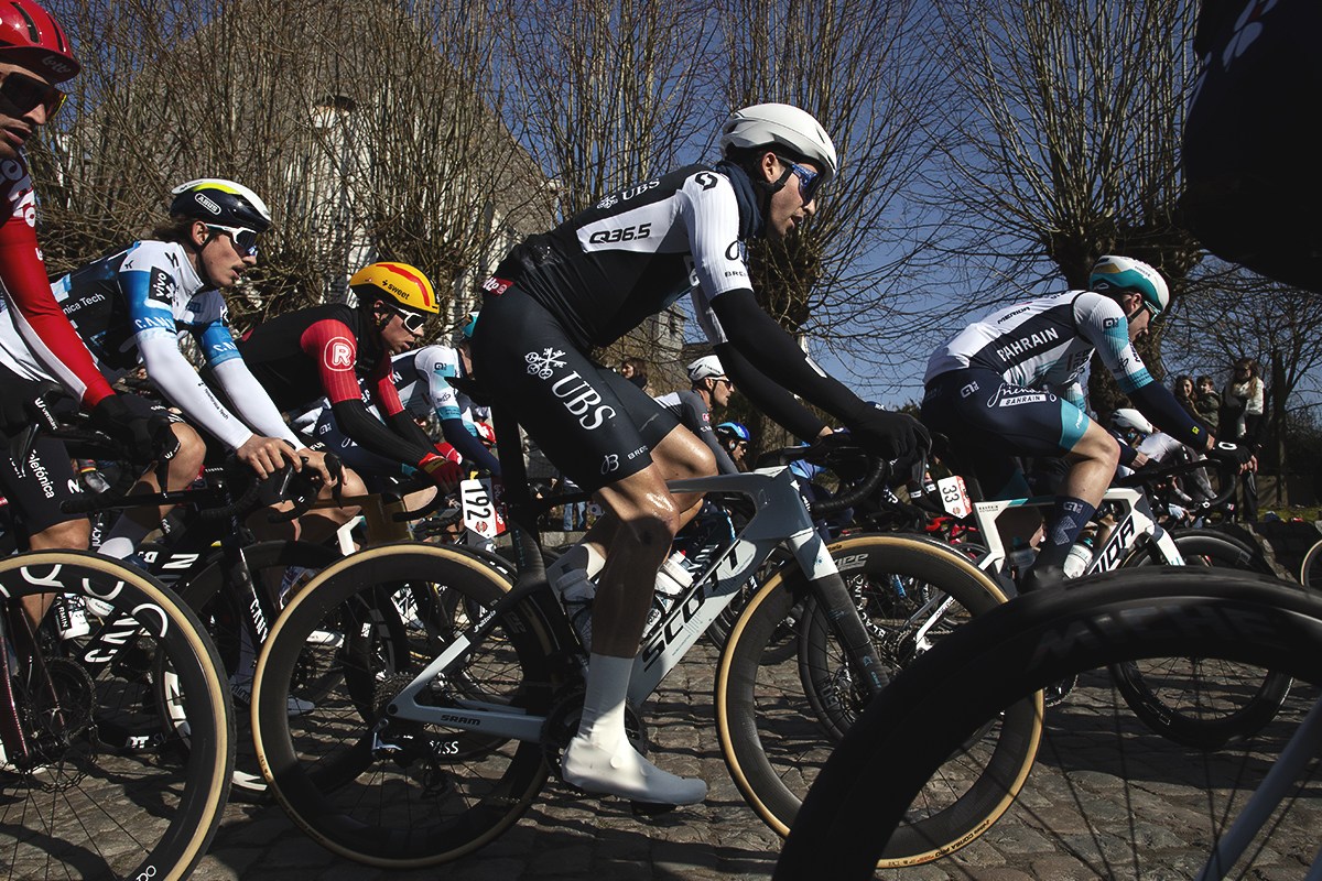 Kuurne Brussel Kuurne 2025 - A side view of Fabio Christen as he tackles the cobbles of the Volkemberg