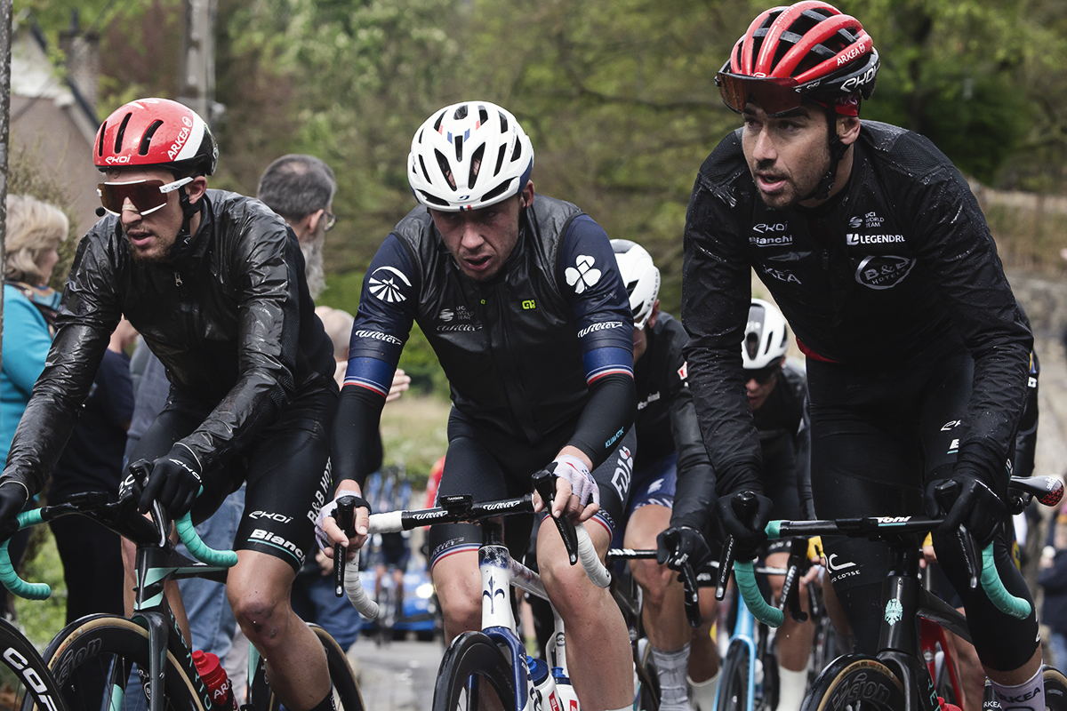 La Flèche Wallonne 2024 - Kévin Vauquelin  & Clément Champoussin of Arkéa - B&B Hotels with Valentin Madouas of Groupama FDJ on the Mur de Huy