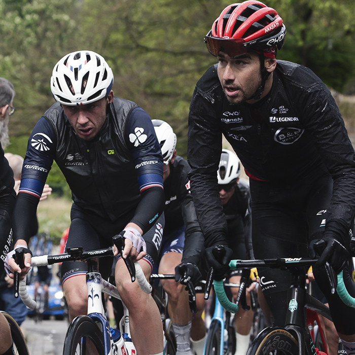La Flèche Wallonne 2024 - Kévin Vauquelin  & Clément Champoussin of Arkéa - B&B Hotels with Valentin Madouas of Groupama FDJ on the Mur de Huy