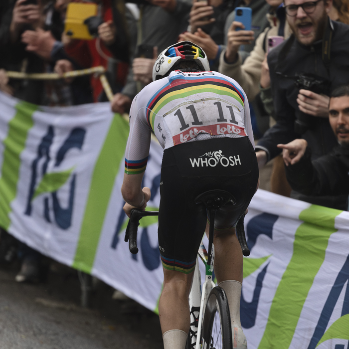 La Flèche Wallonne 2025 - A rear view of Tadej Pogačar during his decisive attack on the Mur de Huy
