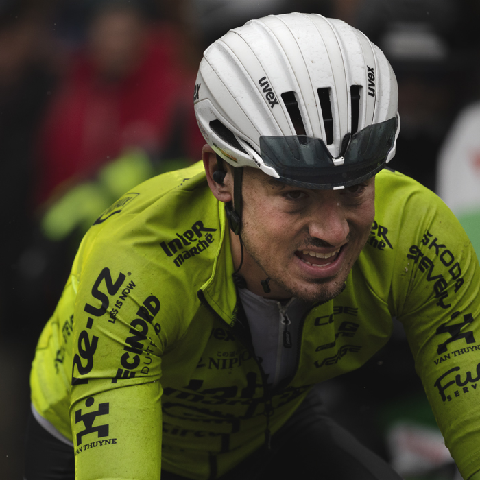 La Flèche Wallonne 2025 - A rain drenched Tom Paquot on the Mur de Huy