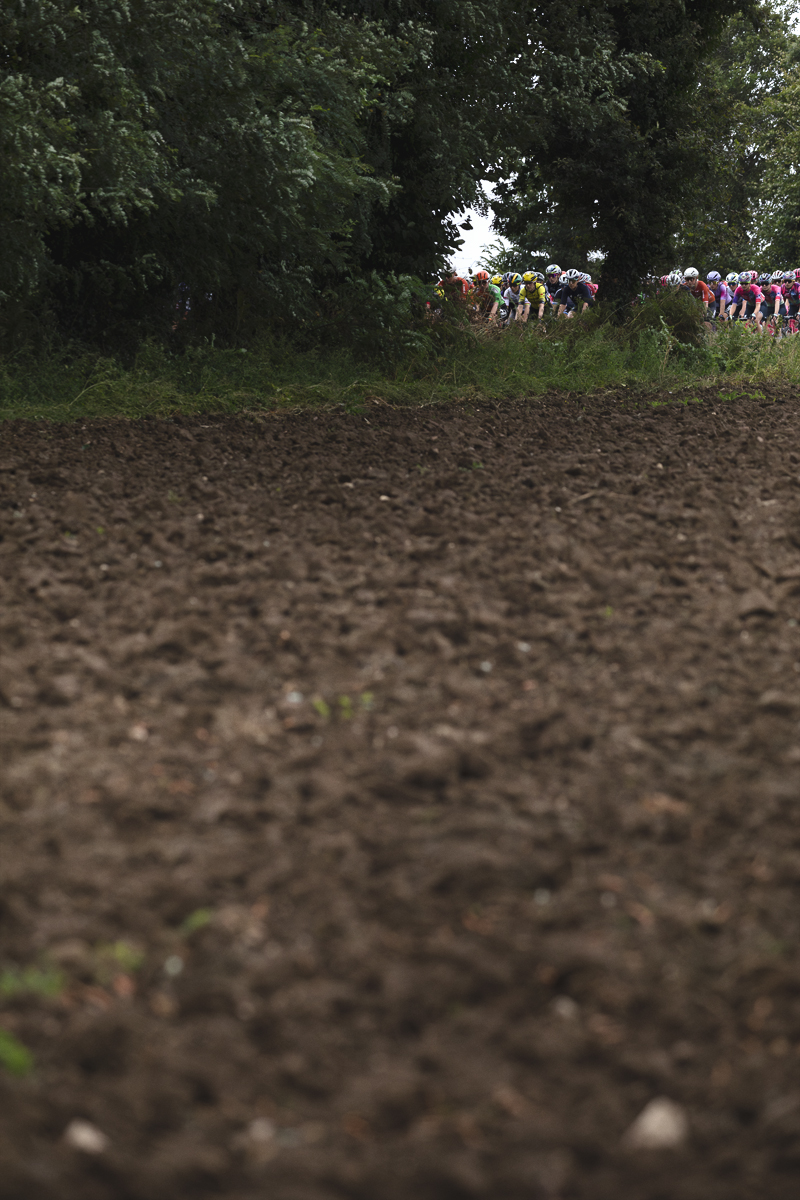 Classic Lorient Agglomération - Ceratizit 2025 - Ploughed fields to the fore, the peloton is framed by trees