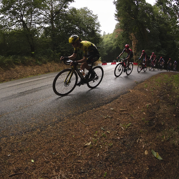 Classic Lorient Agglomération - Ceratizit 2025 - A string out group of riders pass down a road littered with fallen pine needles from the surrounding woodland