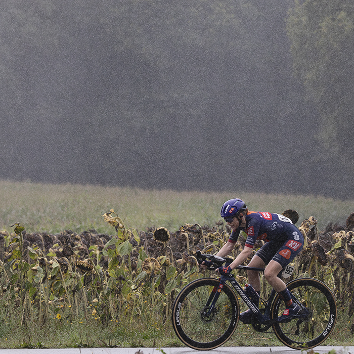 Classic Lorient Agglomération - Ceratizit 2025 - Josie Nelson rides through the pouring rain passing in front of a field of dead sunflowers