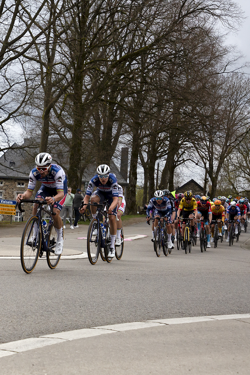 Liège-Bastogne-Liège 2023 - Julian Alaphilippe of Soudal - Quick Step leads a group through Wanne