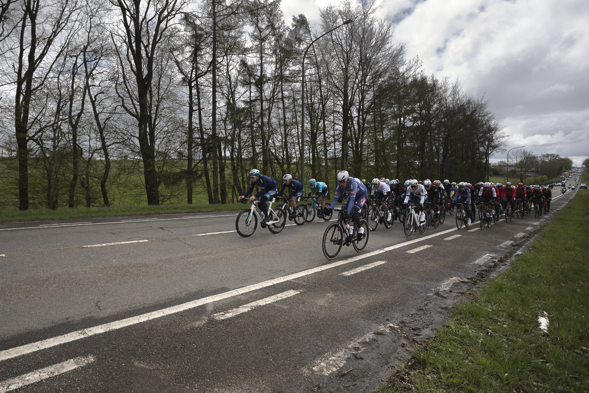 Liège-Bastogne-Liège 2024 - A group of riders pass by trees at Vaux