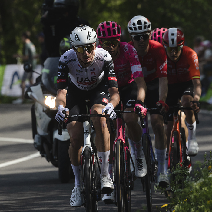 Liege Bastogne Liege 2025 - Brandon McNulty leads a group of riders up the climb of Côte des Forges