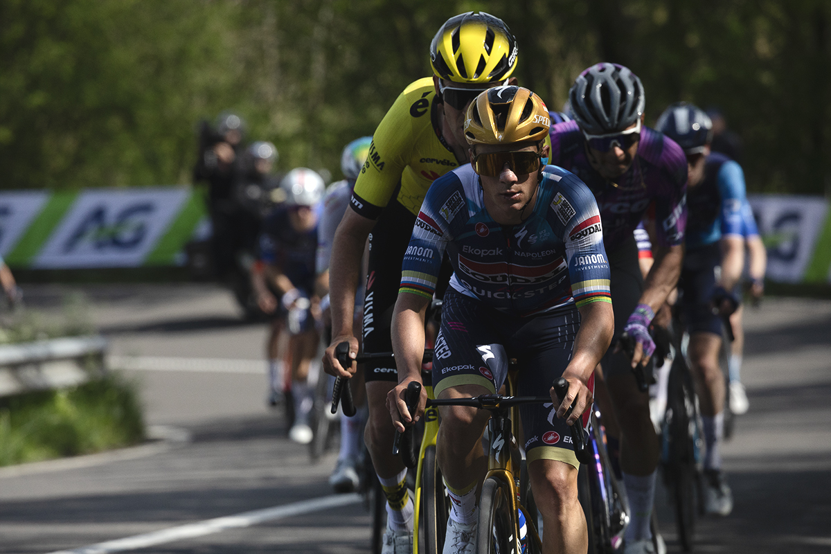 Liege Bastogne Liege 2025 - Remco Evenepoel leads a group of riders up the climb of Côte des Forges