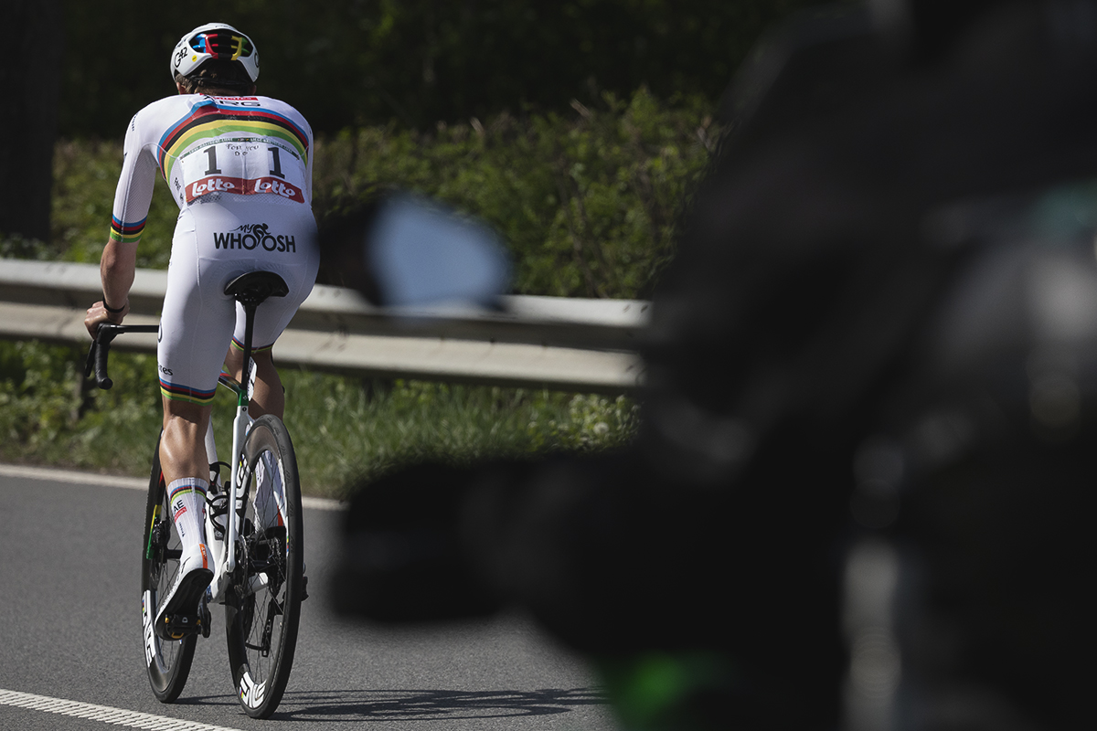 Liege Bastogne Liege 2025 - Tadej Pogačar from behind with ‘For you De’ written in marker pen on his number