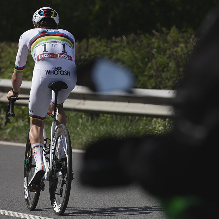 Liege Bastogne Liege 2025 - Tadej Pogačar from behind with ‘For you De’ written in marker pen on his number