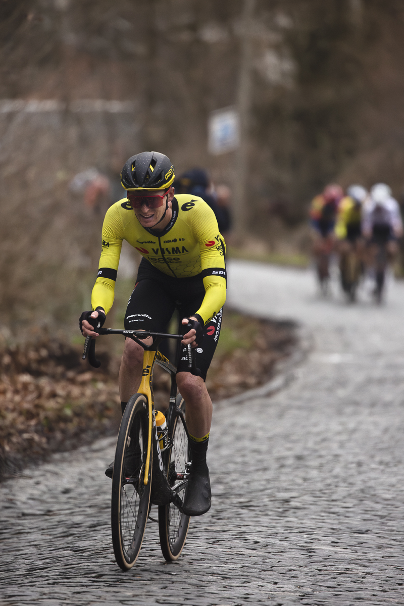 Omloop Het Nieuwsblad 2024 - Matteo Jorgenson of Team Visma - Lease a Bike makes a solo attack on Bosberg