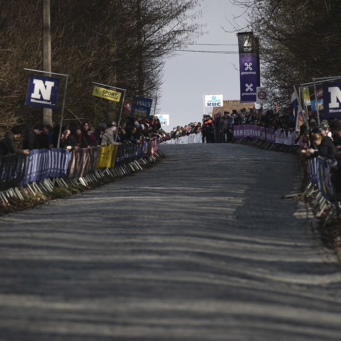 Omloop Nieuwsblad 2025 - The cobbles of the Bosberg winding up to its summit