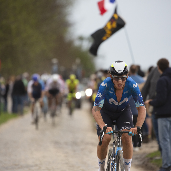 Paris Roubaix 2024 - Iván García Cortina of Movistar Team on Camphin-en-Pévèle