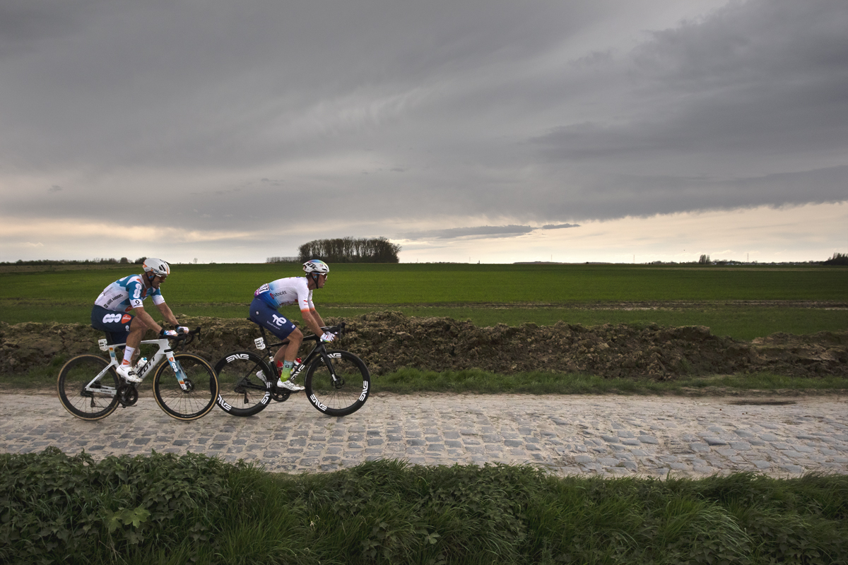 Paris Roubaix 2024 - John Degenkolb of Team dsm-firmenich PostNL and Dries Van Gestel of TotalEnergies on Camphin-en-Pévèle