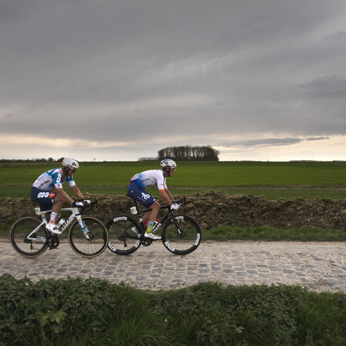Paris Roubaix 2024 - John Degenkolb of Team dsm-firmenich PostNL and Dries Van Gestel of TotalEnergies on Camphin-en-Pévèle