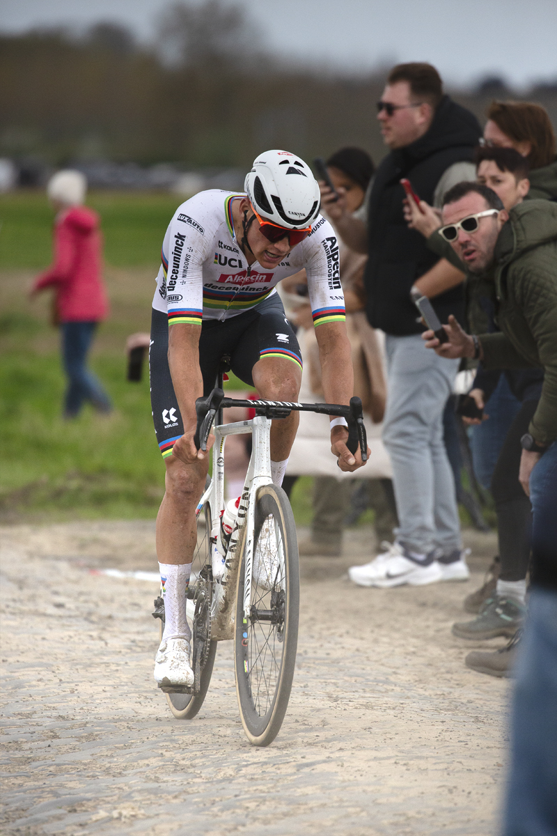Paris Roubaix 2024 -Mathieu van der Poel of Alpecin Deceuninck, fights against the fatigue on Camphin-en-Pévèle