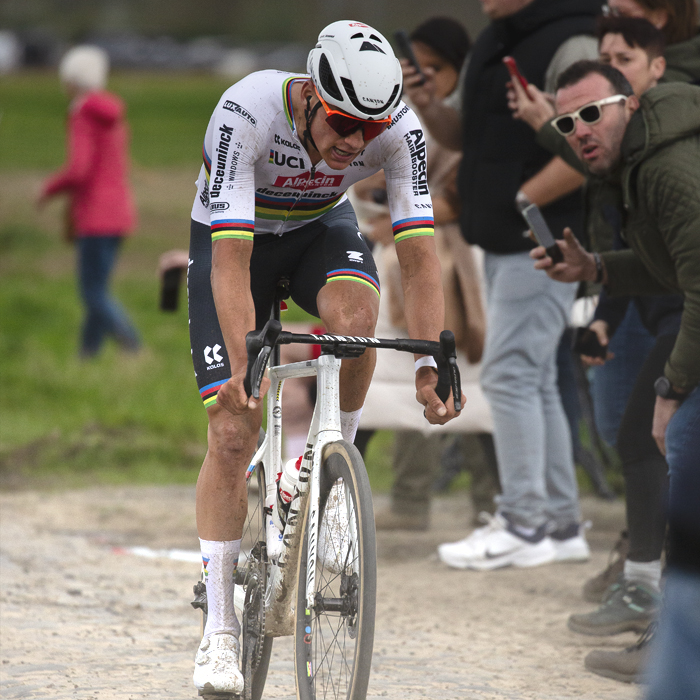 Paris Roubaix 2024 -Mathieu van der Poel of Alpecin Deceuninck, fights against the fatigue on Camphin-en-Pévèle