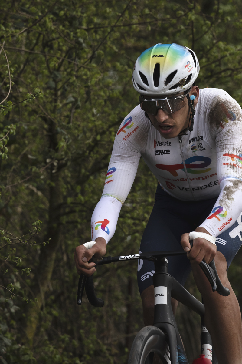 Paris Roubaix 2025 - Rayan Boulahoite his jersey showing signs of a prior crash