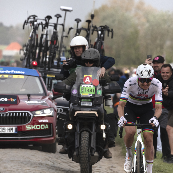 Paris Roubaix 2025 - Tadej Pogačar grits his teeth as he tackles a cobbled sector