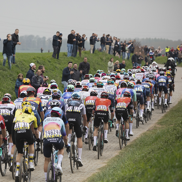 Paris Roubaix 2025 - A rear view of the peloton with fans lining the banks at either side of the road