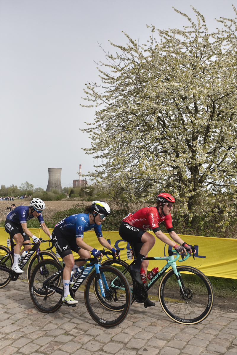 Paris Roubaix Femmes 2024 - Riders pass a blossom filled tree with a power station in the distance on Hornaing à Wandignies