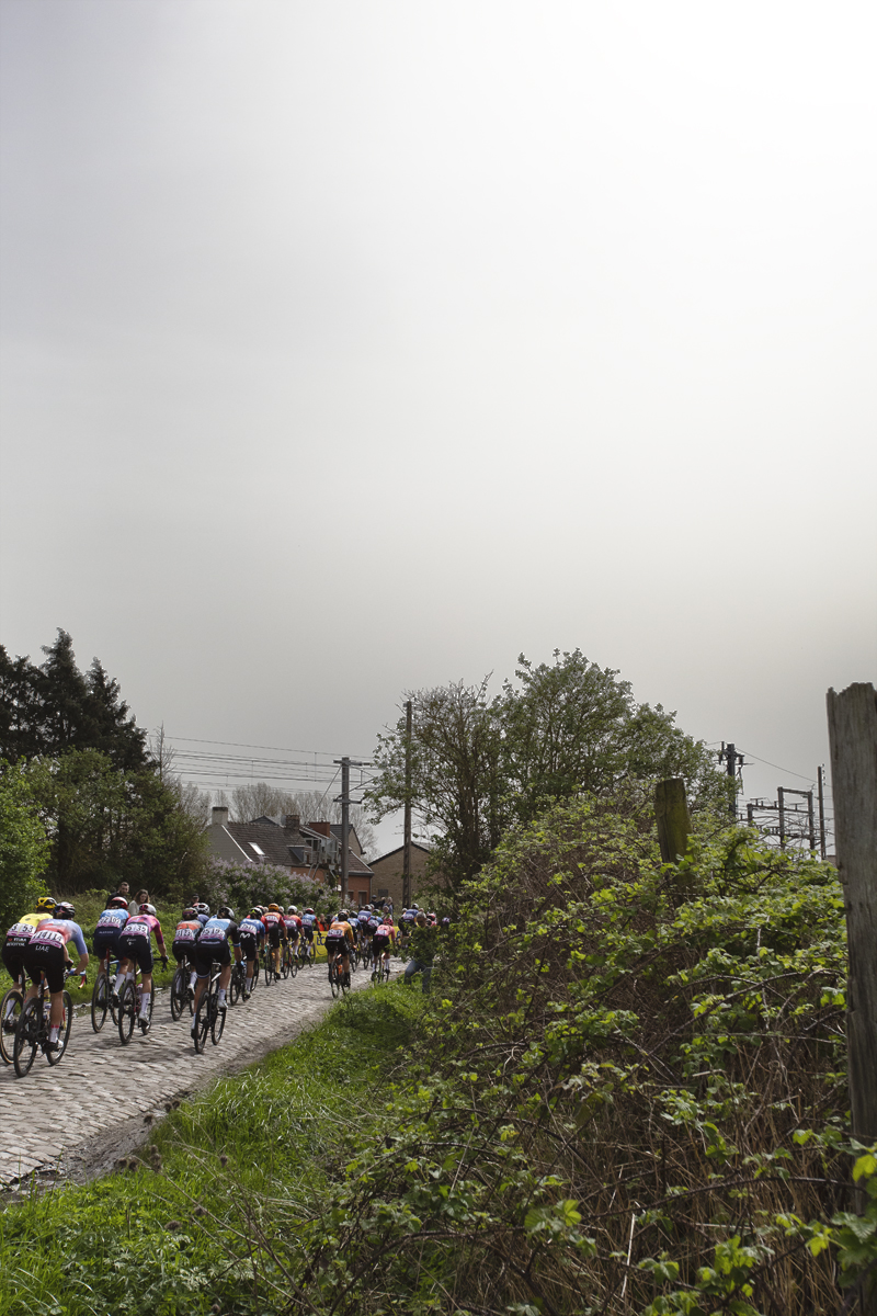 Paris Roubaix Femmes 2024 - A rear view of the riders as they near a railway line on the Hornaing à Wandignies sector
