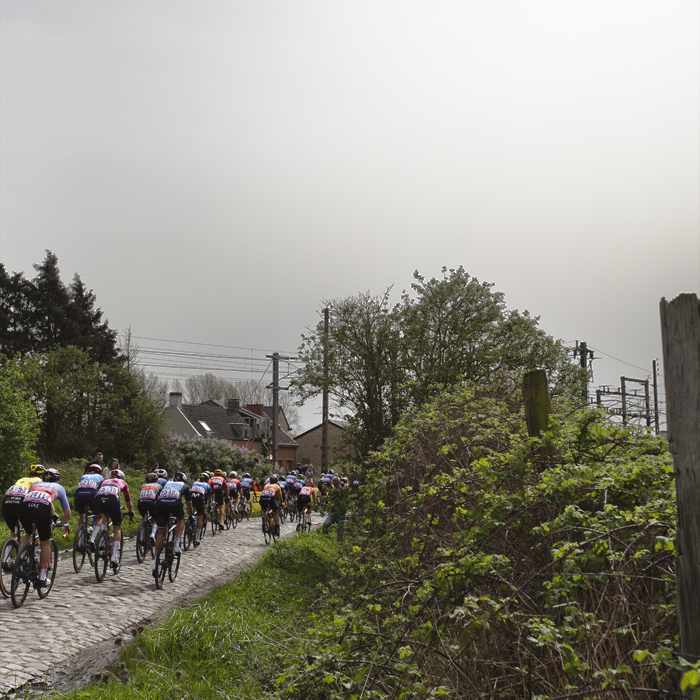Paris Roubaix Femmes 2024 - A rear view of the riders as they near a railway line on the Hornaing à Wandignies sector