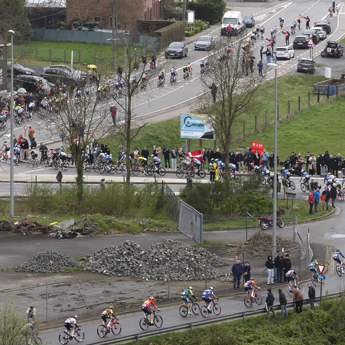 Ronde van Vlaanderen 2024 - Riders seen from above as the race snakes into Zegelsem