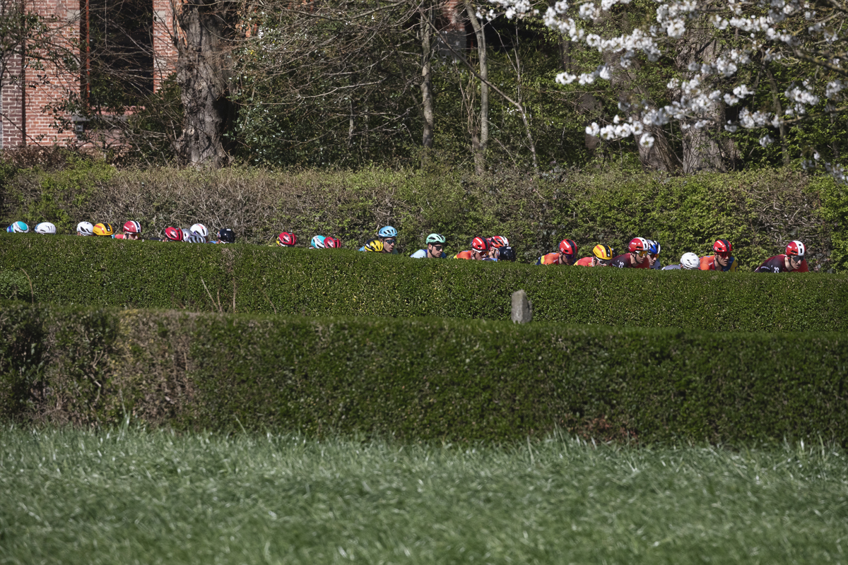 Ronde van Vlaanderen 2025 - Riders can be seen over a hedge in Schorisse