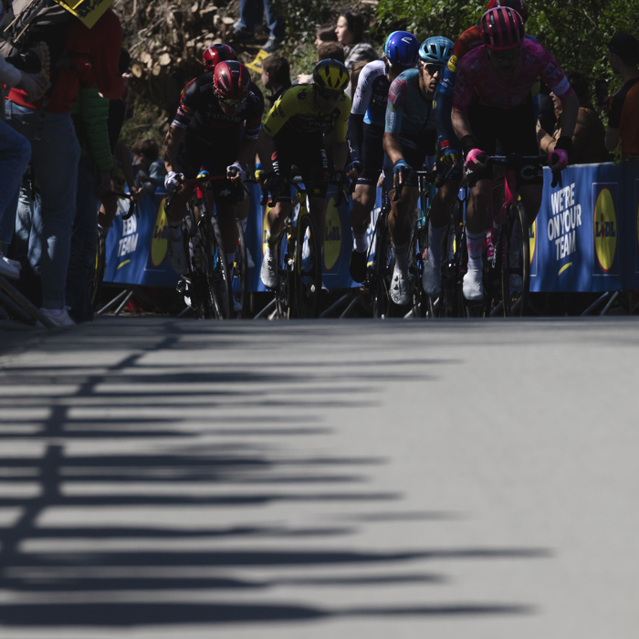 Ronde van Vlaanderen 2025 - Davide Toneatti leads a group of riders up a climb with the shadows of waiting fans cast onto the road