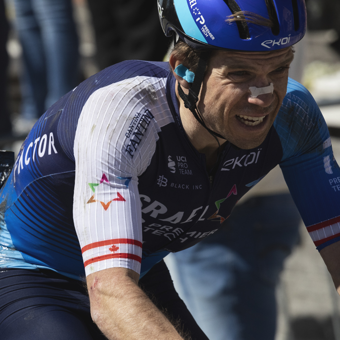 Ronde van Vlaanderen 2025 - Guillaume Boivin the pain showing on his face as he climbs Wolvenberg