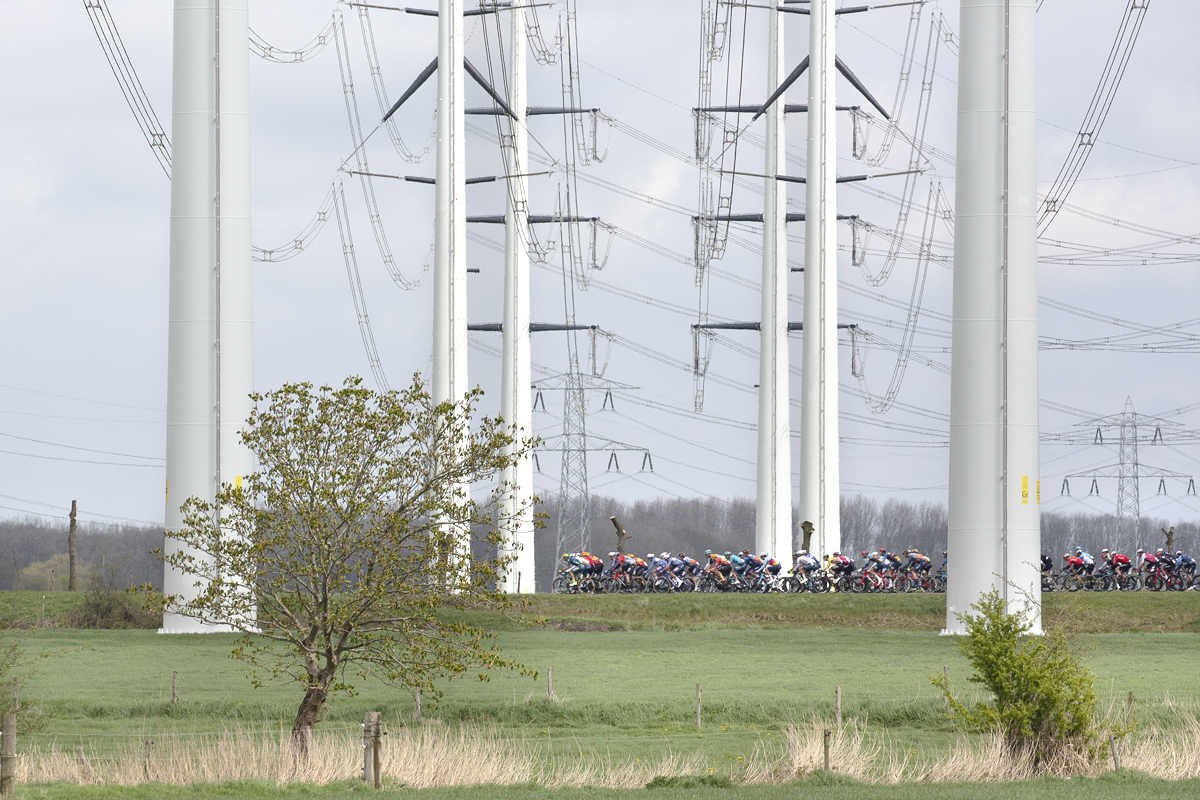 Scheldeprijs 2024 - The peloton framed by modern pylons near Heinkenszand