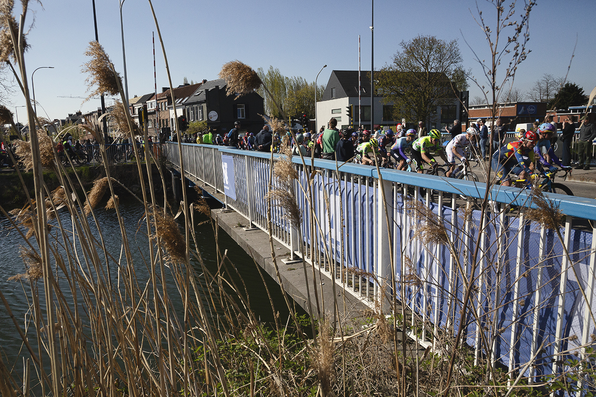 Scheldeprijs 2025 - Riders pass over a canal bridge on the circuit in Schoten