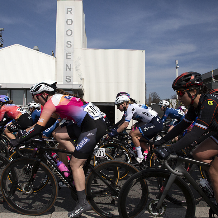 Scheldeprijs 2023 Vrouwen - The peloton pass the front of the white Roosens factory on the docks in Schoten