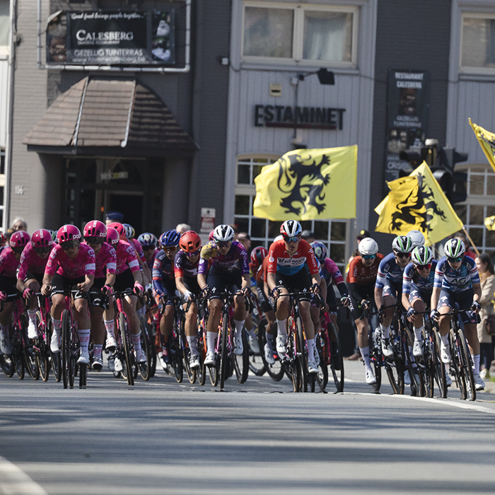 Scheldeprijs Vrouwen 2025 - The flags of Flanders are flown by the crowd on the corner of Calesbergdreef