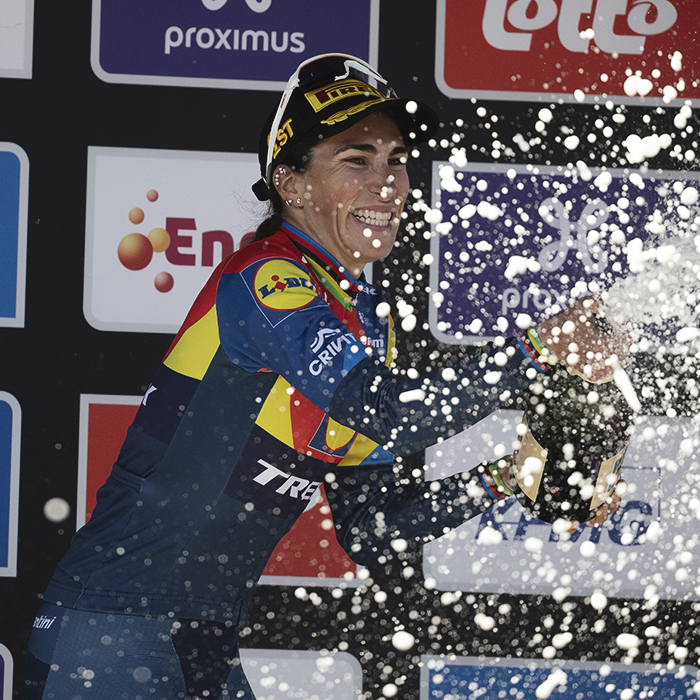 Scheldeprijs Vrouwen 2025 - Elisa Balsamo of Lidl - Trek celebrates her victory by spraying champagne in the crowd
