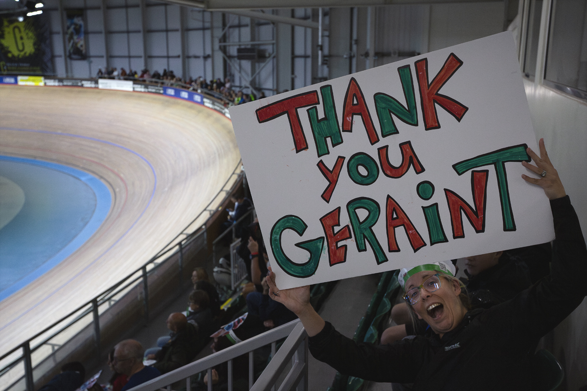 Tour of Britain 2025 - An enthusiastic fan holds a sign reading Thank You Geraint