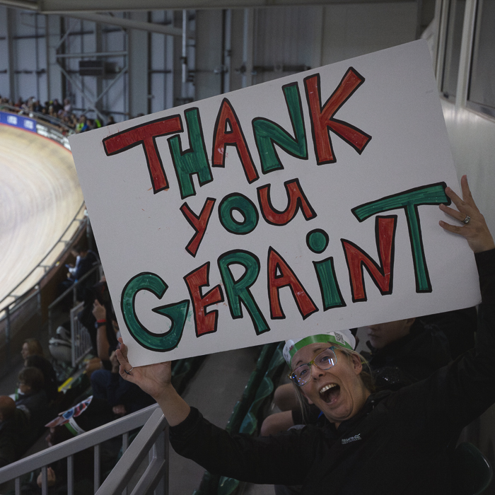 Tour of Britain 2025 - An enthusiastic fan holds a sign reading Thank You Geraint