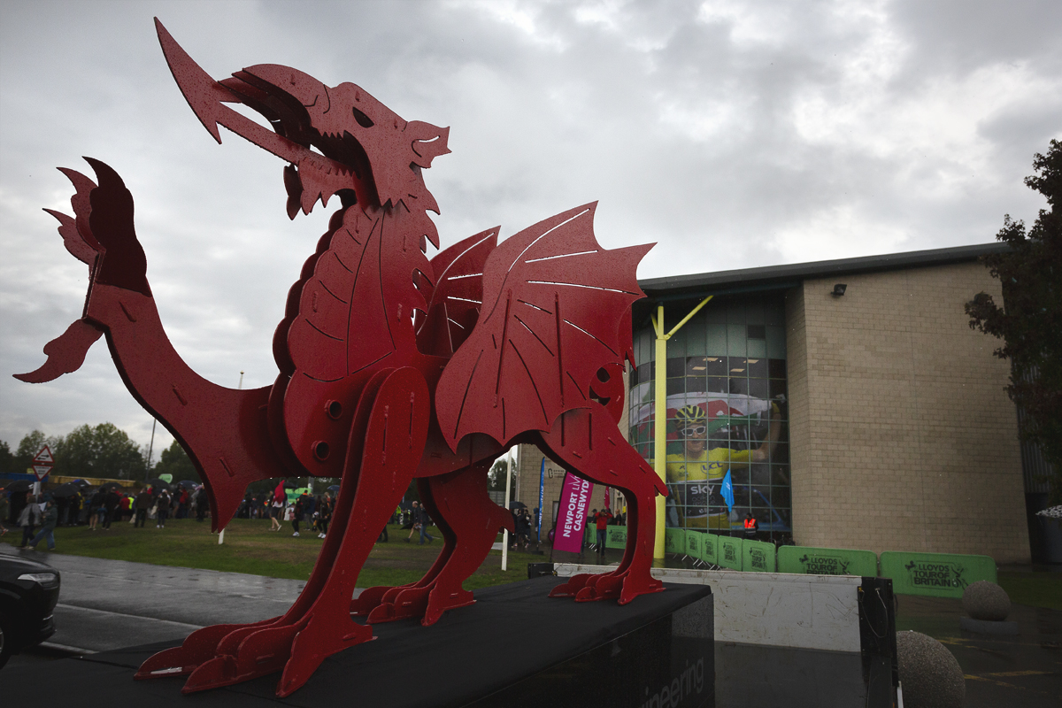 Tour of Britain 2025 - A metal sculpture of the red Welsh Dragon outside the Geraint Thomas Velodrome in Newport