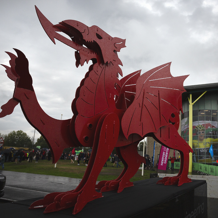 Tour of Britain 2025 - A metal sculpture of the red Welsh Dragon outside the Geraint Thomas Velodrome in Newport