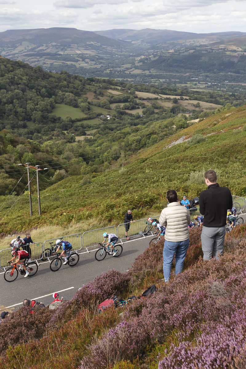 Tour of Britain 2025 - Spectators on the heather filled hillside watch the race with a view over the Usk Valley