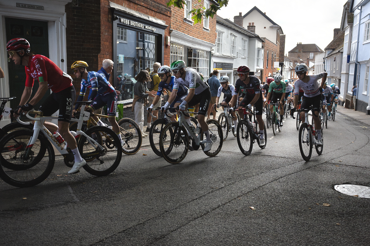 Tour of Britain 2025 - Riders roll through the shopping streets of Woodbridge at the start of the race